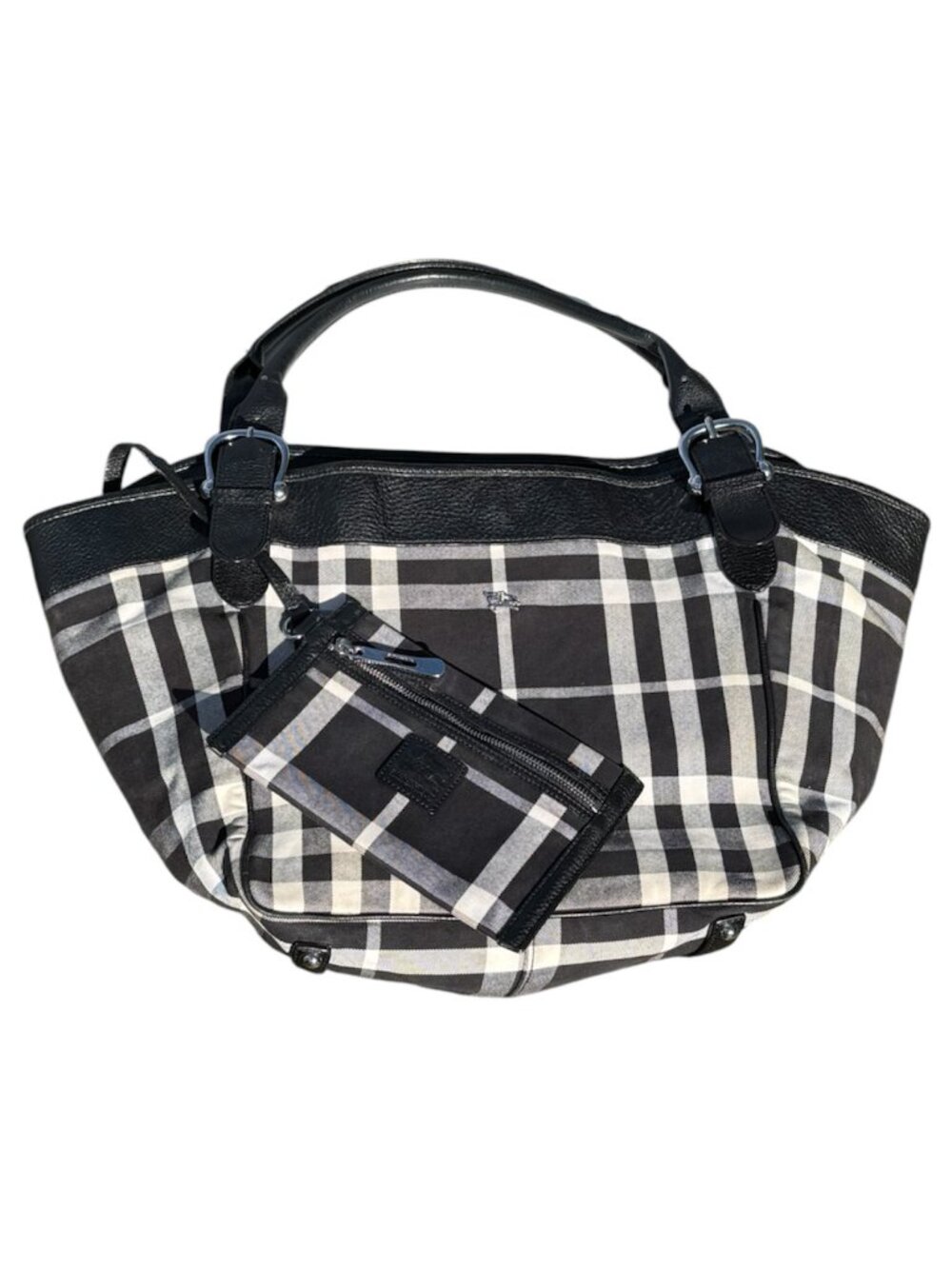 Burberry Beat Check Tote Black White Canvas Beach Bag + Wristlet
